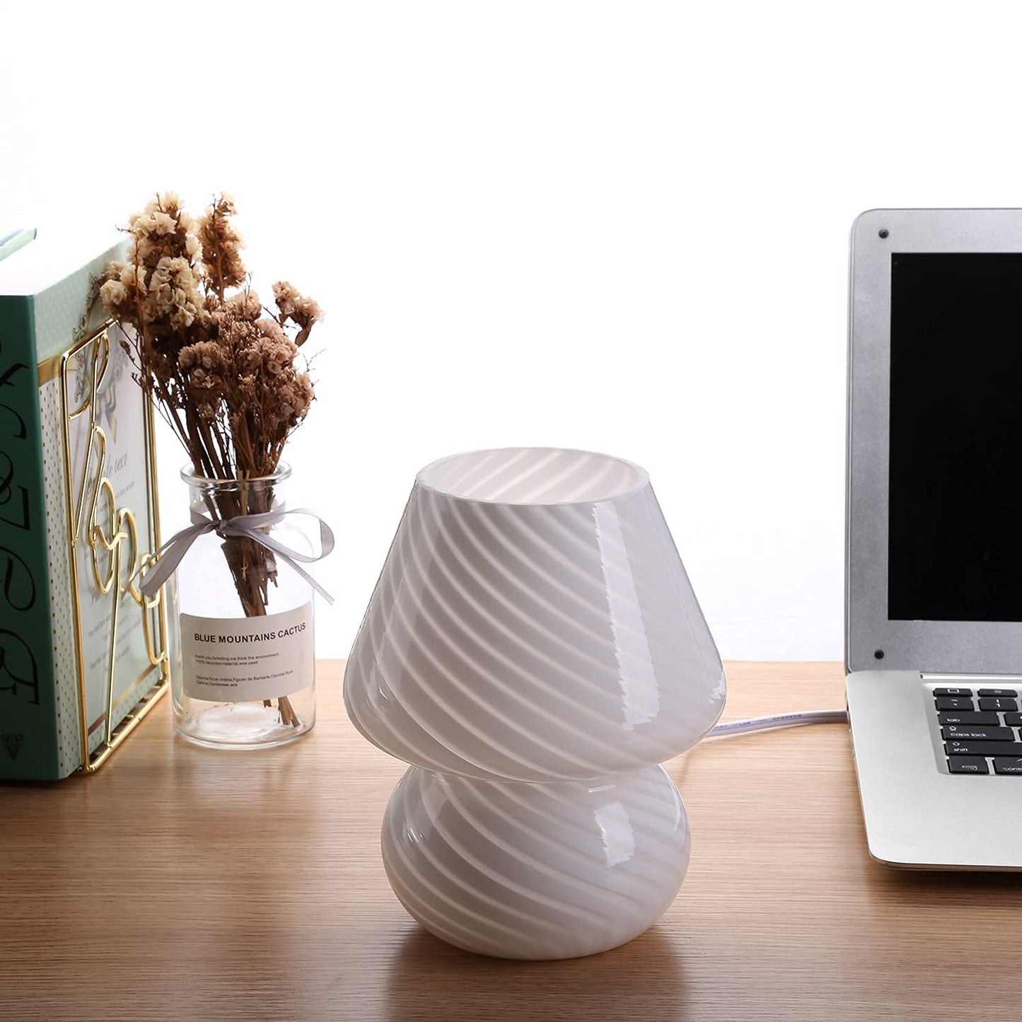 BSOD Mushroom Lamp - Glass Table Bedside Light, Cute Small, Stripe White, Murano Vintage Style, Model Bsod-SW-Mushroom-Lamps