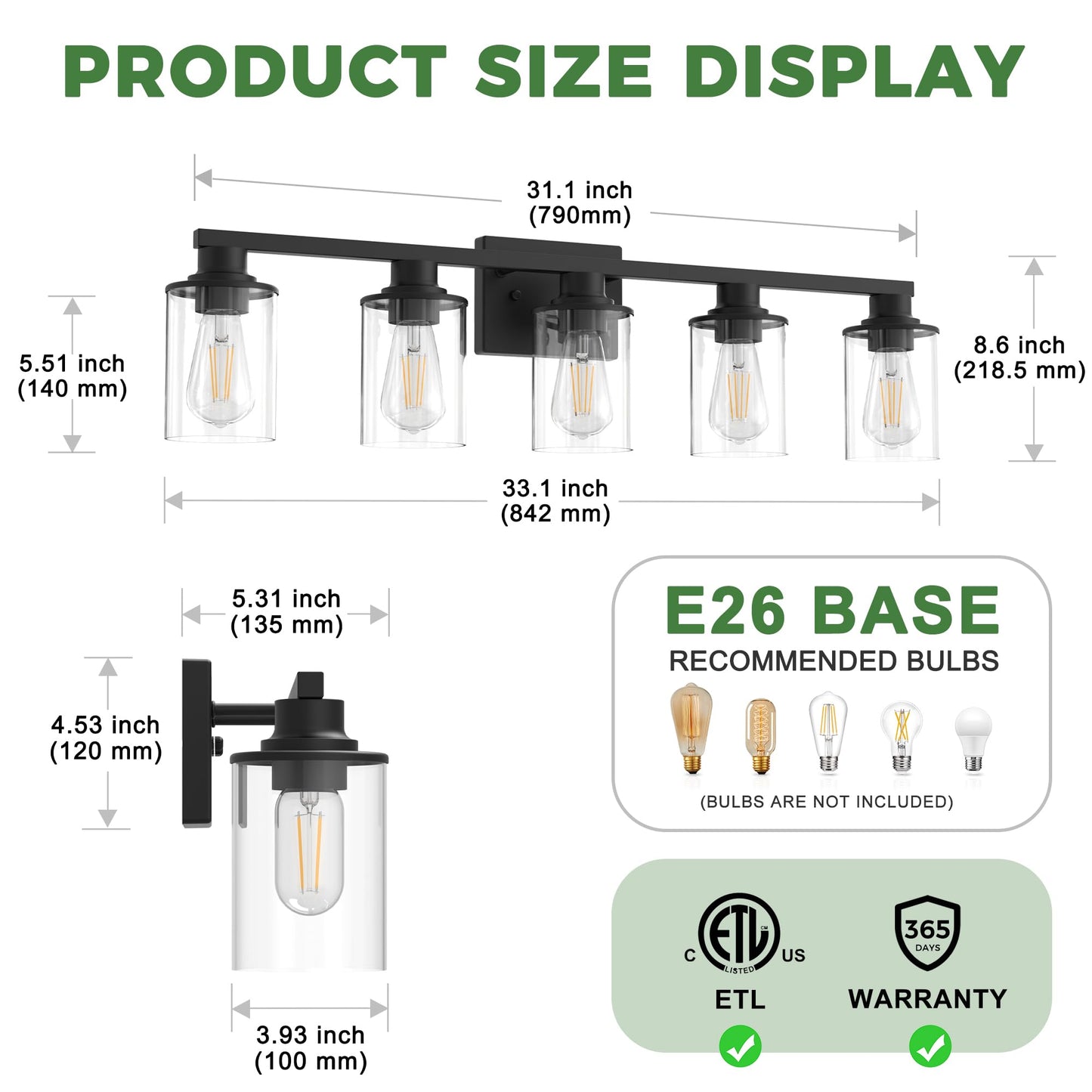 Doresshop Bathroom Light Fixtures  5-Light Matte Black Bathroom Lighting Fixtures Over Mirror With Clear Glass Shade  Vanity Lights For Hallway Living Room Bedroom