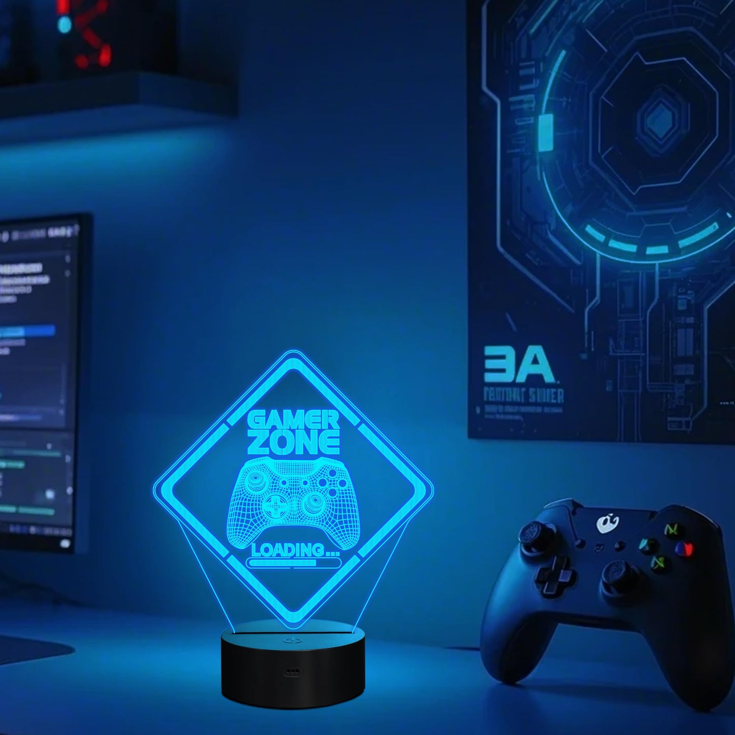 Yuandian Gamer Zone Night Light - 3D Illusion Lamp, Touch & Remote Control, Multicolor, Regular Size (8 X 6 In), Model Fs-2810-9999