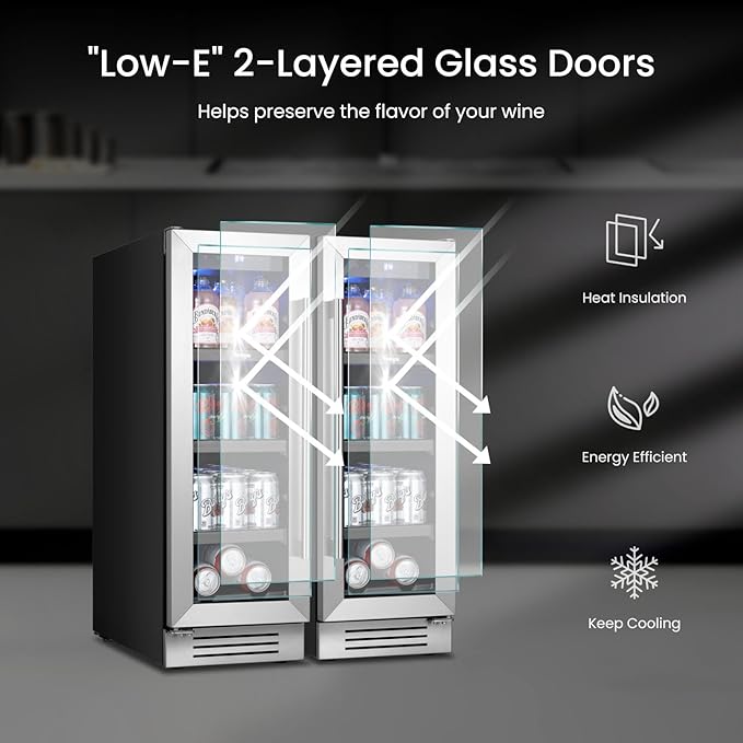 Yeego Beverage-Refrigerator,12 Inch Beverage Cooler 2PCS Small Wine Fridge Built-in or Freestanding with Auto Defrost, Mini Fridge with Glass Door for Bottles and Cans Beer/Soda/Water/Wine