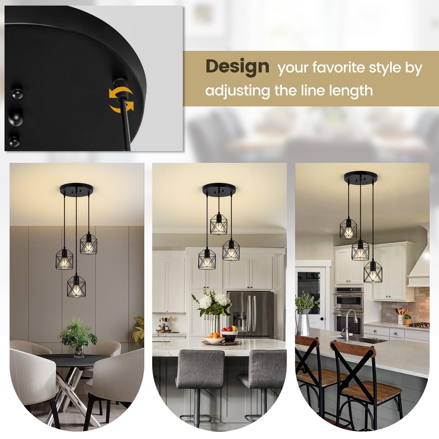 Rocunsi 3-Light Pendant Light Fixtures  Farmhouse Hanging Pendant Lighting  Dining Room Chandelier  Industrial Kitchen Island Hanging Light Fixture  Black Metal Cage Pendant Ceiling Lamp For Kitchen
