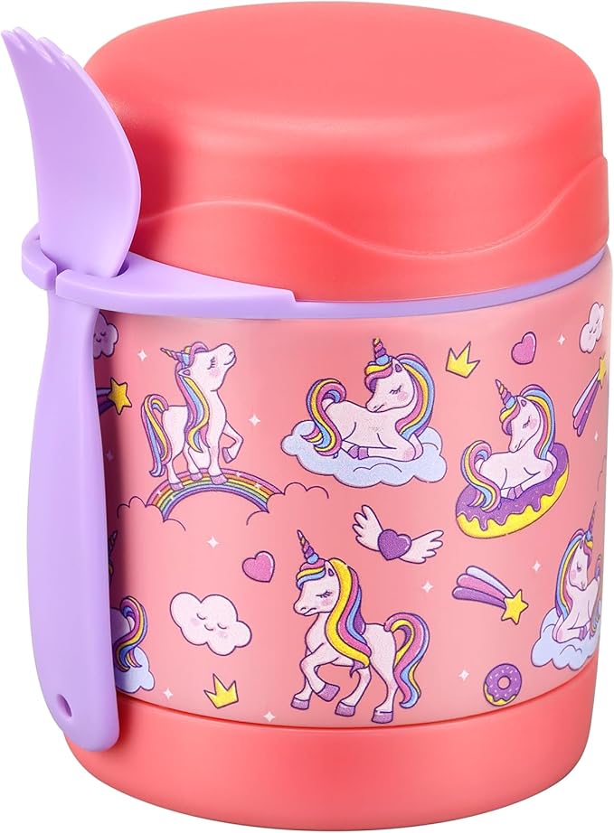 Kids' Lunch Insulated Food Jar with Spoon - 10oz Stainless Steel, Leak Proof, Wide Mouth, Hot Food Thermo for School (Pink, Unique Horse)