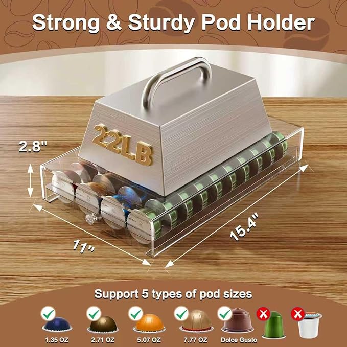 Coffee Pods Holder Acrylic Drawer Compatible with Nespresso Vertuo Capsules And Dolce Gusto Capsules 40 Pods Storage upgrade