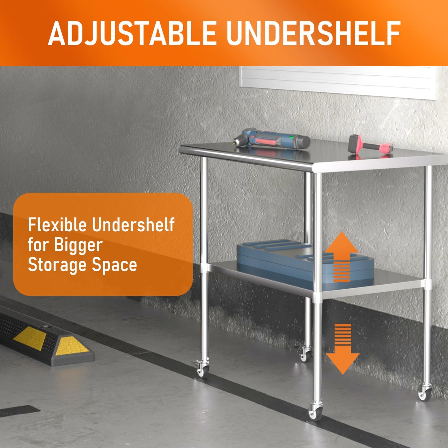 HOCCOT Stainless Steel Table with Wheels 30" x 36" Utility Worktable with Adjustable Undershelf for Commercial Kitchen, Garage, Restaurant