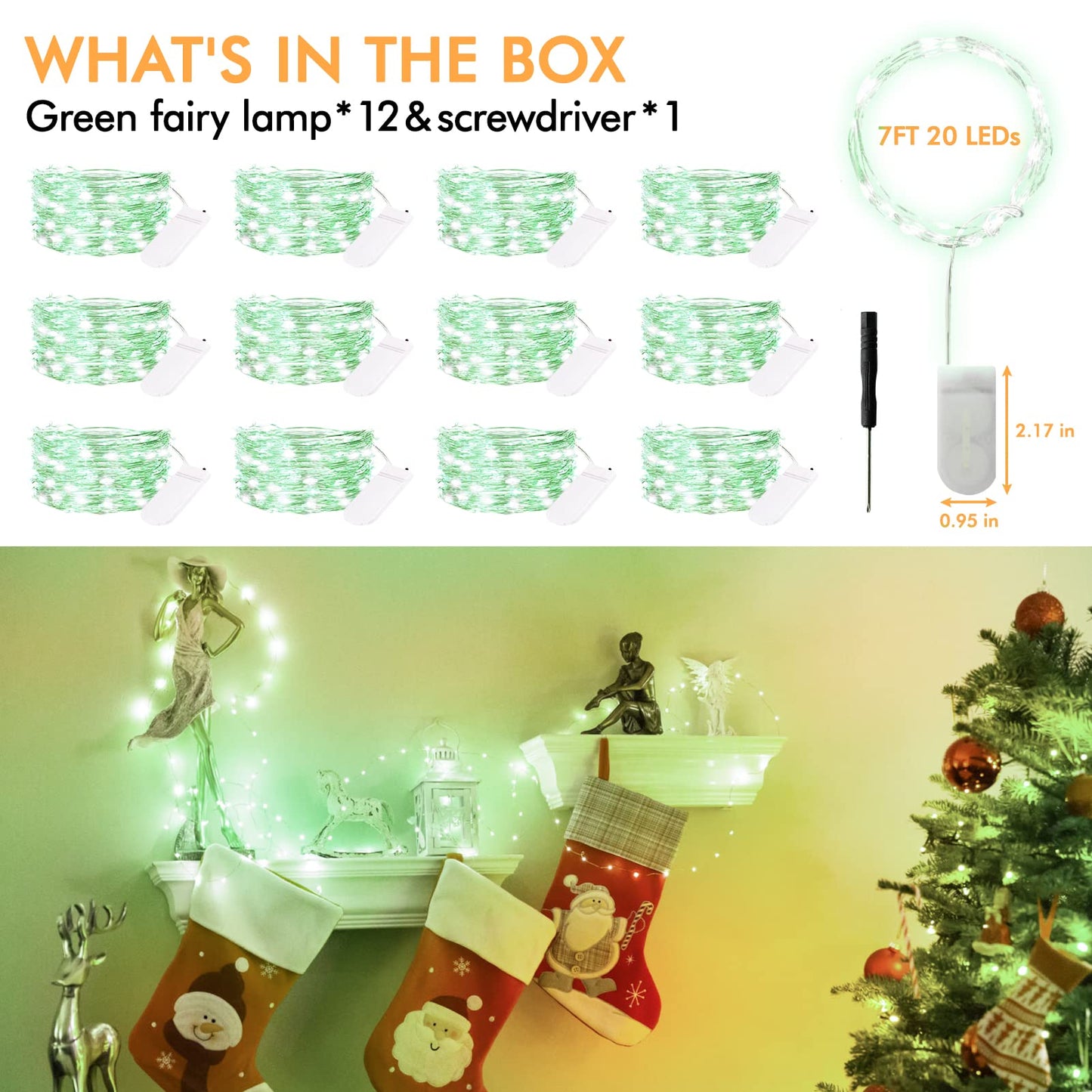 Bexdir 12 Pack Fairy Lights - 7Ft Waterproof Silver Wire String Lights, Battery Operated, Green Copper Mini Lights For Home Decor