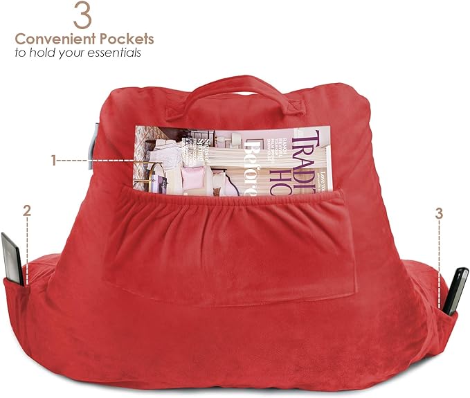 Nestl Reading Pillow for Kids, Small Bed Pillow, Back Pillow for Sitting in Bed, Memory Foam Chair Pillow, Reading & Bed Rest Pillows, Cherry Red Back Pillow for Bed, Arm Pillow with Pockets