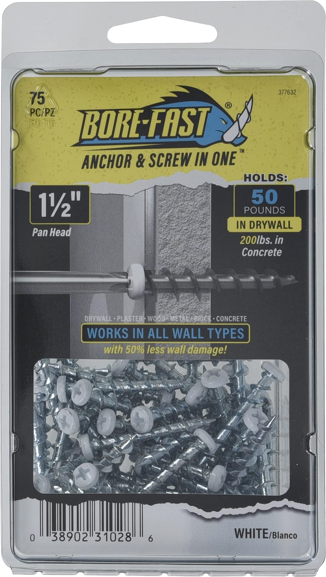Hillman Borefast Drywall Anchors, Holds 50 Pounds in Drywall and 200 Pounds in Concrete, 1 1/2" Pan Head, White, 75-Pack, 377632