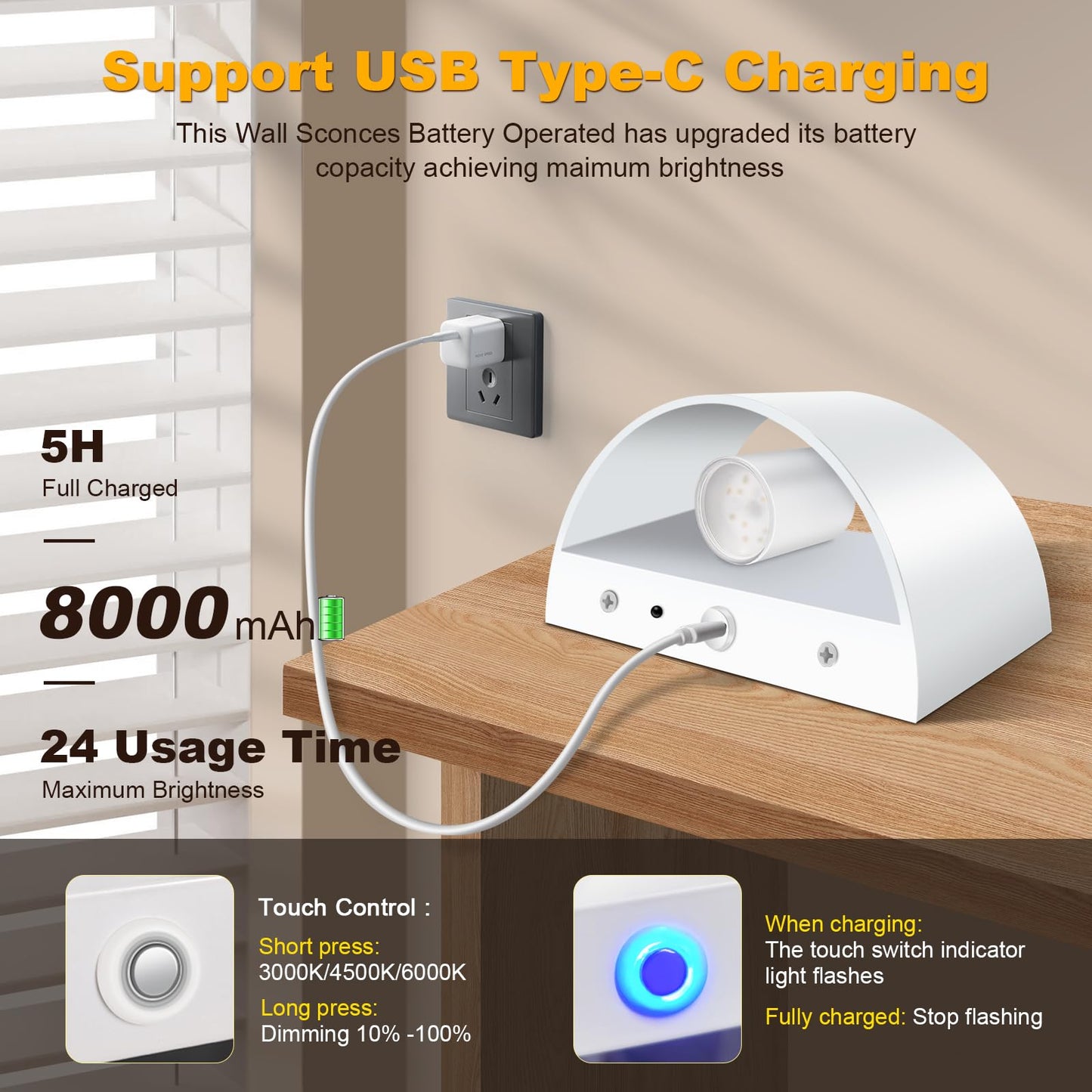 Aiilsmp Battery Operated Wall Sconces Set of 2, White, Rechargeable, Remote & Touch Control, Dimmable, 3 Color Temperatures, Model AW010B
