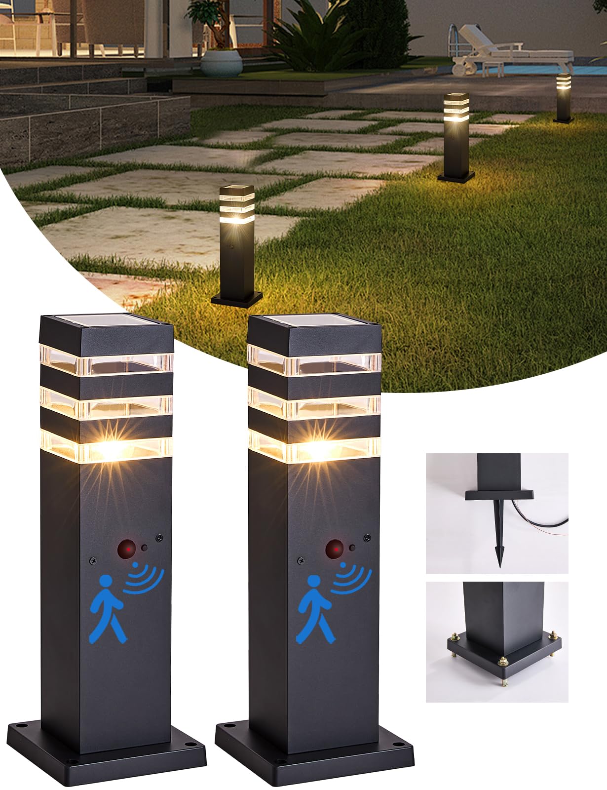 Delicavy Outdoor Post Light with Motion Sensor, Aluminum, Black, 2 Pack, Dusk to Dawn, Modern Landscape Path Lamp for Yard and Garden