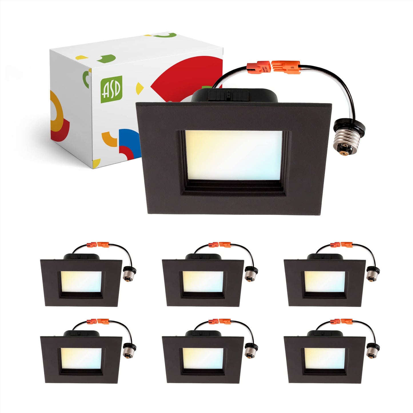 Asd Bronze 6 Inch Retrofit Led Square Recessed Lighting - 12W 1023Lm 2700/3000/3500/4000/5000K Selectable Dimmable Led Downlight  Wet Rated Cri90 Baffle Trim Square Can Lights  Ul 6 Pack