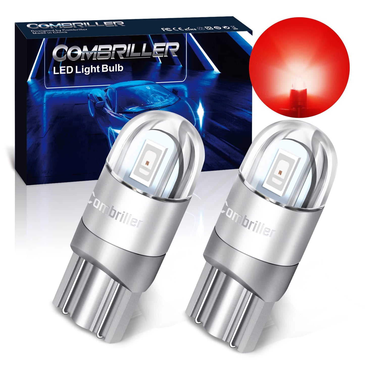 Combriller 194 Led Bulb - Red T10 2825 W5W Car Interior Lights, Pack Of 2