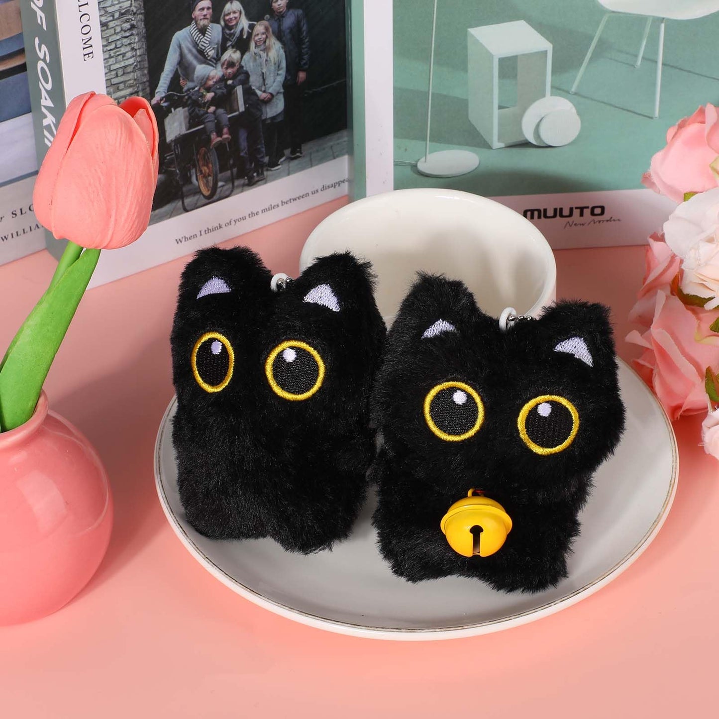 Mikovivi 2pcs Cat Plush Keychain, Adorable Black Cat Plush Keyring Charm Animal Fluffy Key Chain Kawaii Backpack Pendant Accessories for Handbags Wallets Kitty Lover Gifts