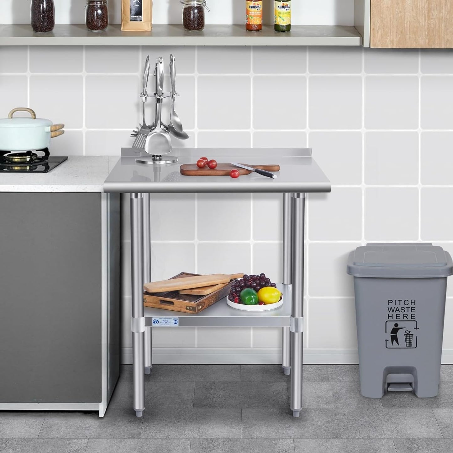 Hally Stainless Steel Table for Prep & Work 18 x 24 Inches, NSF Commercial Heavy Duty Table with Undershelf and Backsplash for Restaurant, Home and Hotel