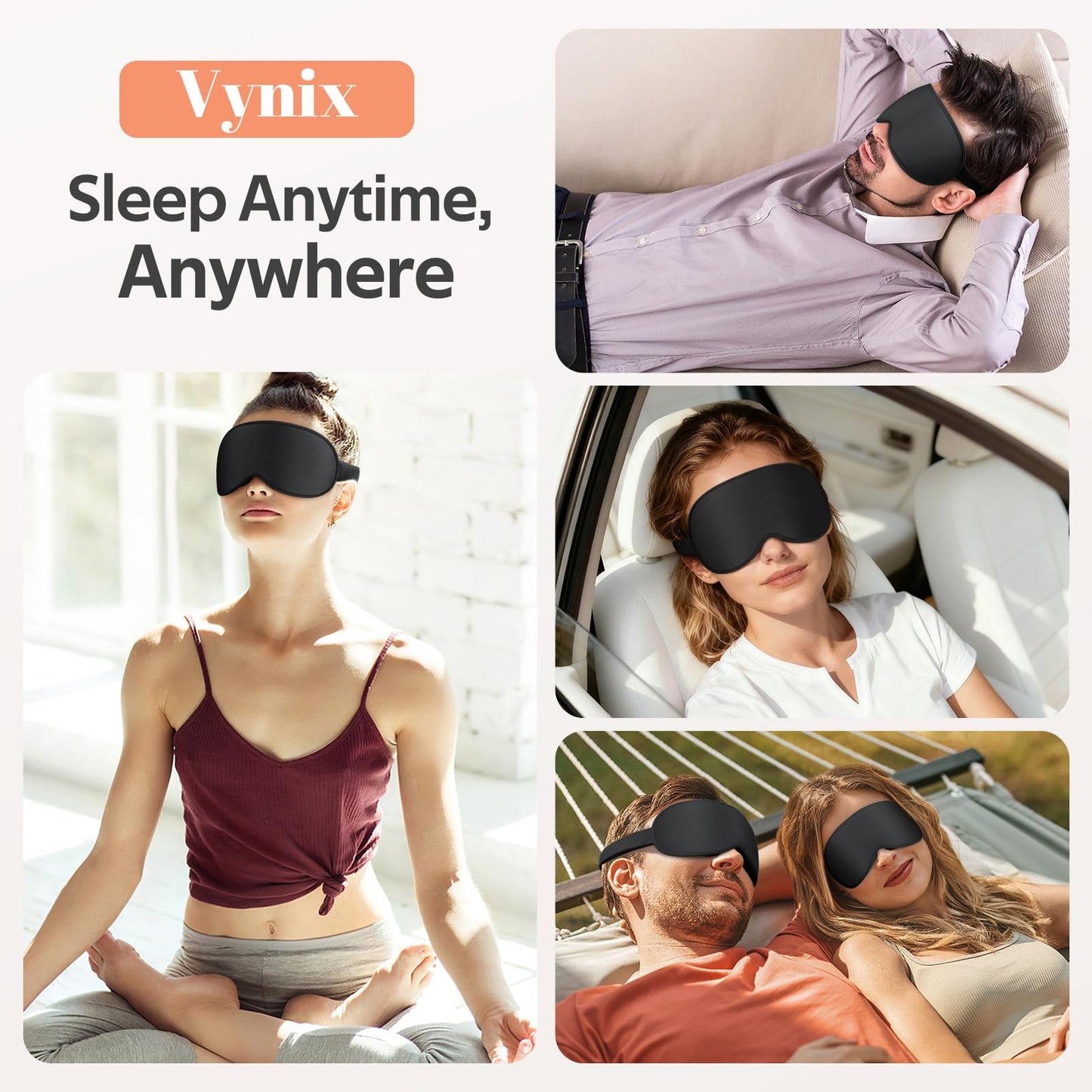Vynix Sleep Mask for Men Women - 100% Blackout Eye Masks for Sleep - 3D Soft Sleeping Mask for Side Sleepers - Zero Pressure Lash Extensions Eye Cover Shade for Airplane Travel Essentials, Black