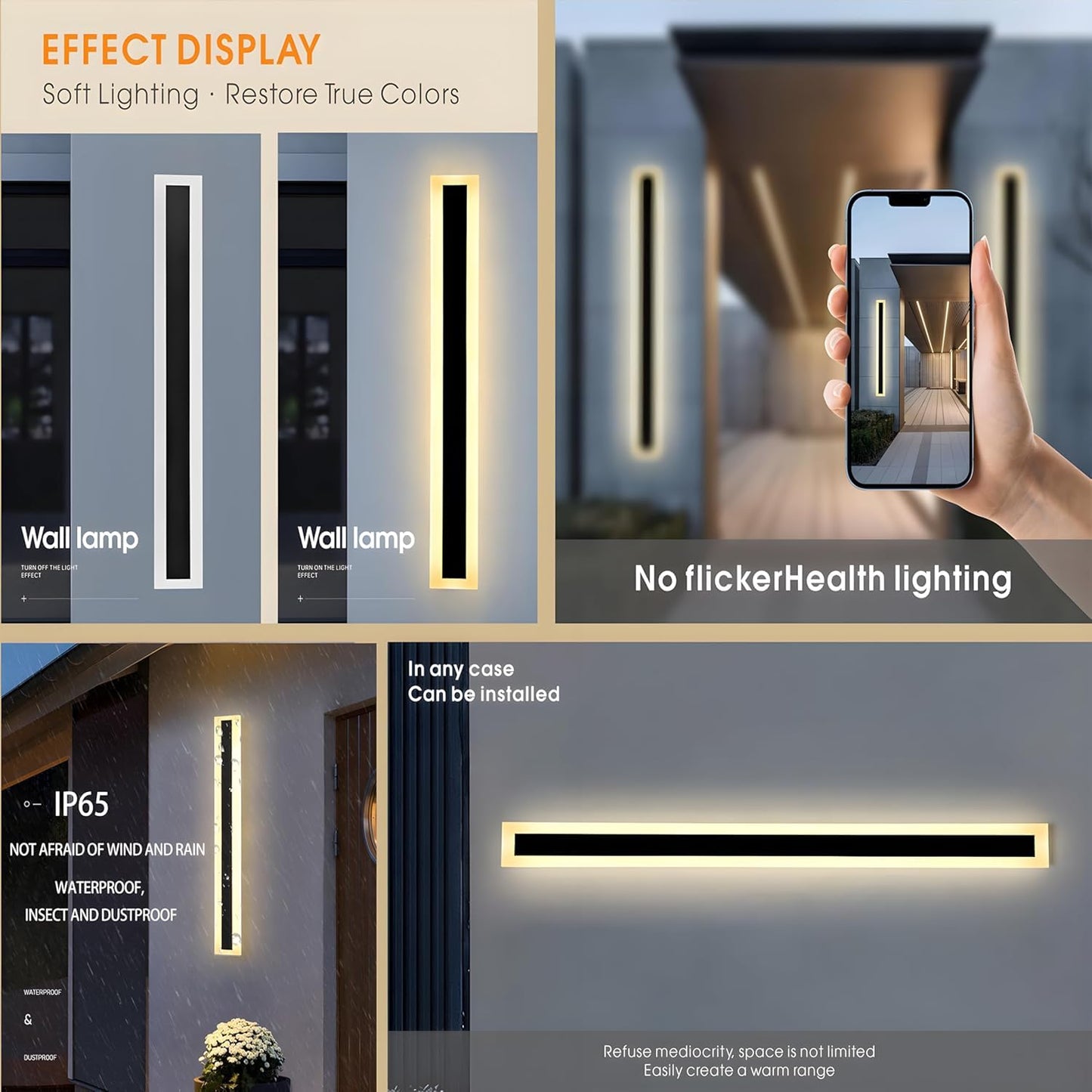 2Pack 47.2Inch Long Outdoor Modern Led Wall Light 38W Waterproof Ip65 Warm White 110V Led Wall Mount Lighting Fixture Rectangular Black Wall Lights Elegant Frosted White Acrylic Anti Rust.