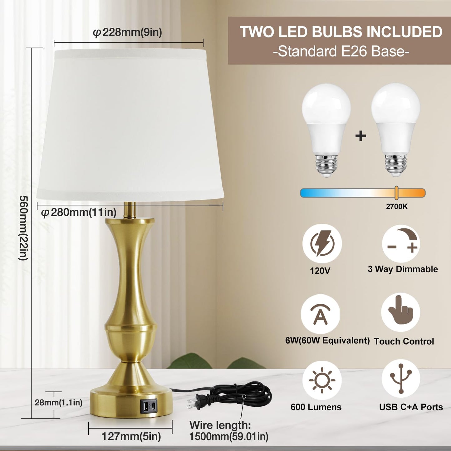 Luvkczc 22in Gold Table Lamps Set of 2 - Modern Bedside Lamps with White Shade, 3-Way Dimmable, Dual USB Ports, Model 73008K