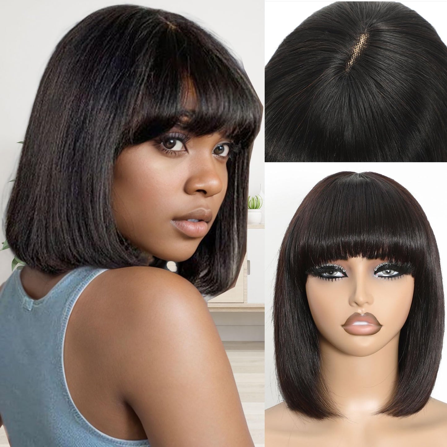 REMESSE Short Bob Wig with Bangs Human Hair Glueless 180% Density Middle Part Upgraded 2x1 Realistic Scalp Lace Wigs Natural Col