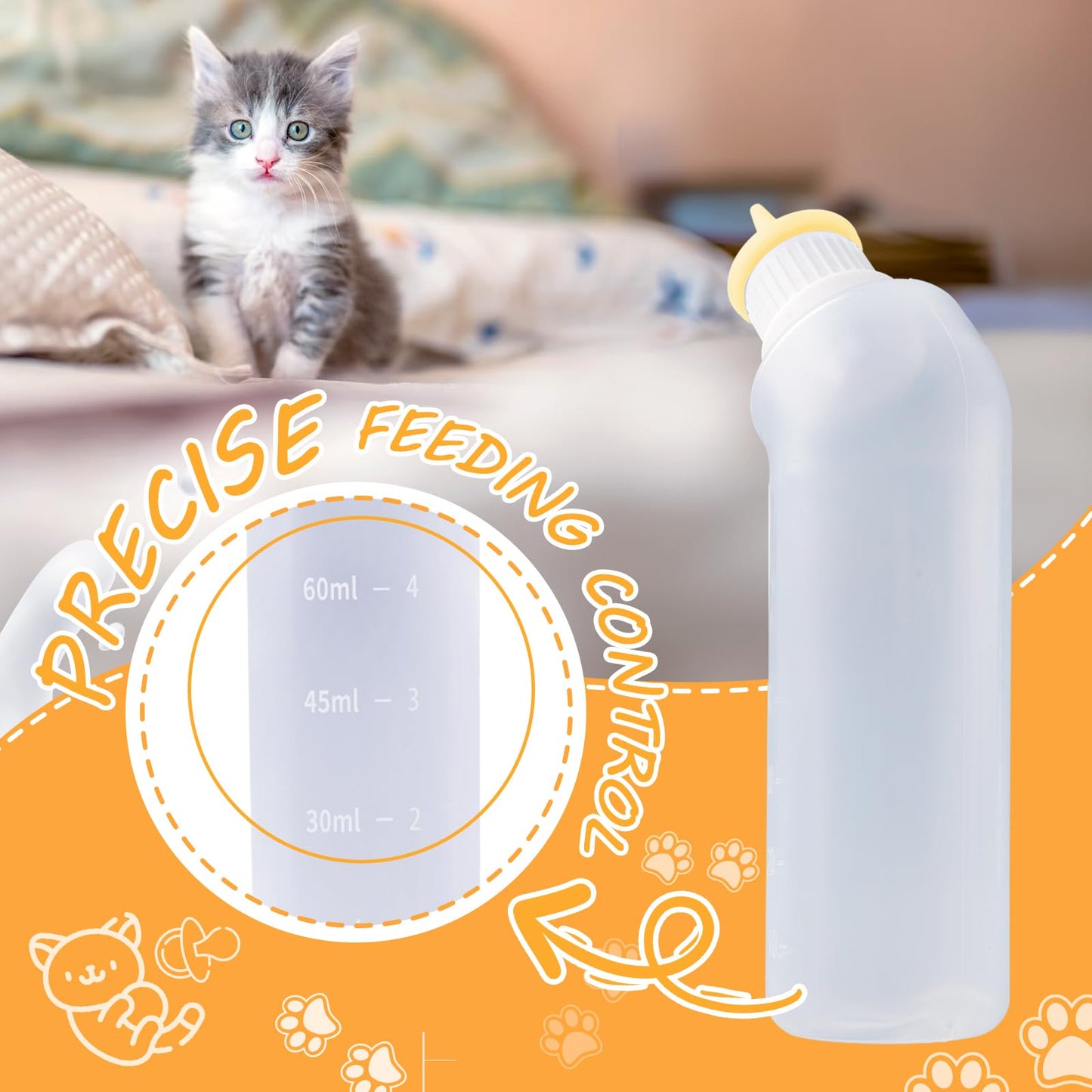 Xuandea 5Pack Kitten Bottle for Nursing Puppy Milk Kitten Bottles Feeding Kit Silicone Nipple for Newborn Pets Kittens, Puppy,Squirrel (Yellow)