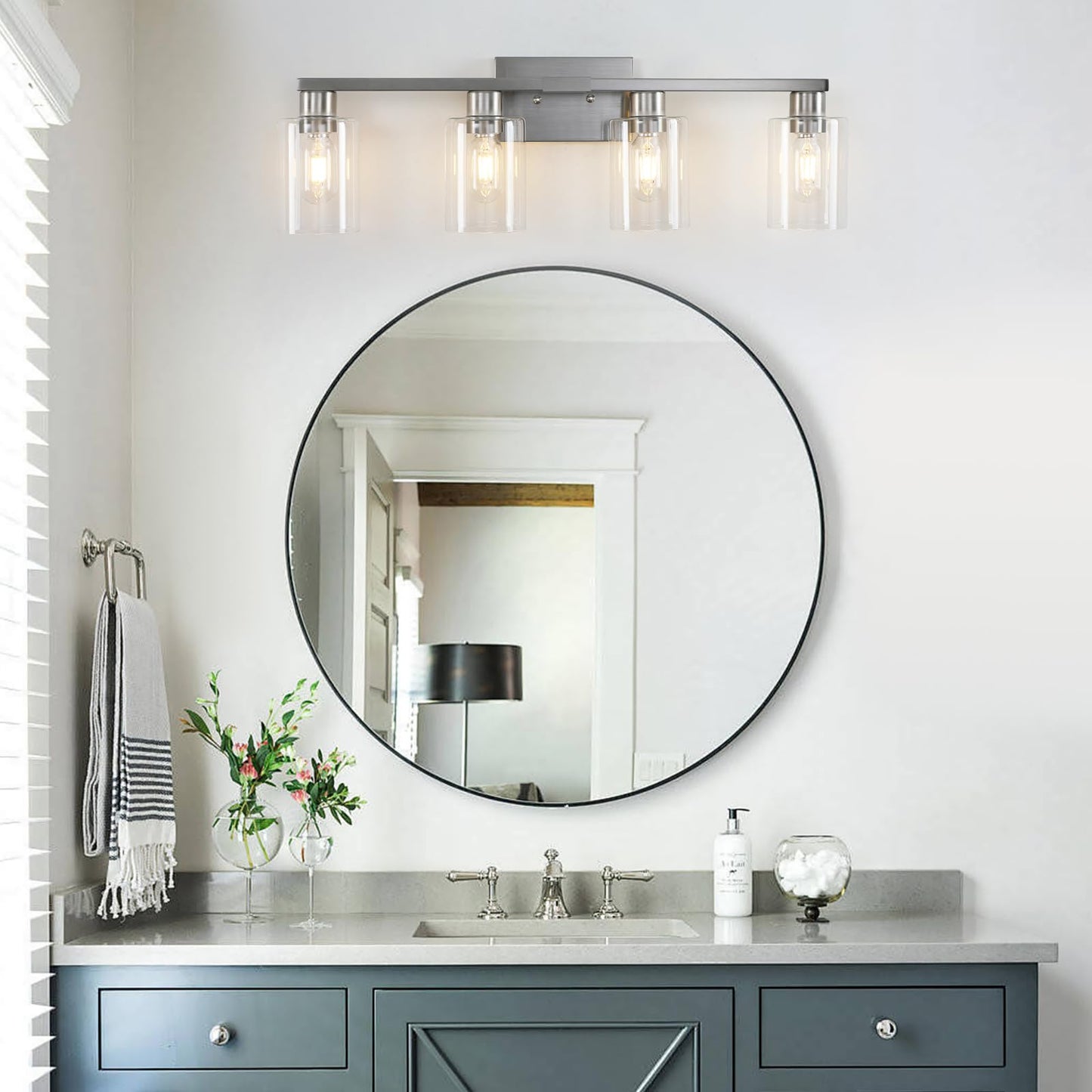 Sopeas 4 Light Bathroom Light Fixtures  Brushed Nickel Modern Bathroom Vanity Light With Clear Glass Shade  Bathroom Lighting Fixtures Over Mirror  Vanity Lights For Bathroom Mirror