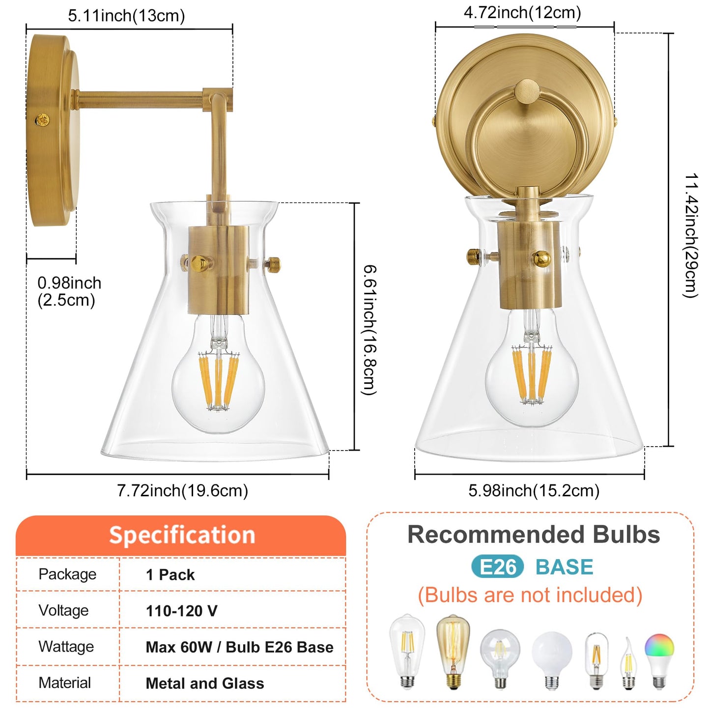 Gold Wall Sconce 1-Light Hardwired Wall Mount Modern Farmhouse Vanity Light Fixtures With 6 Inch Clear Glass Shade  Wall Lights For Bathroom  Bedroom  Living Room  Mirror  Kitchen  Lighting Lamp