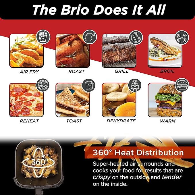 Nuwave Brio 6-Quart Digital Air Fryer Including Non-Stick Baking Pan and Stainless-Steel Cooking Rack (6-Quart + Gourmet Kit), Black