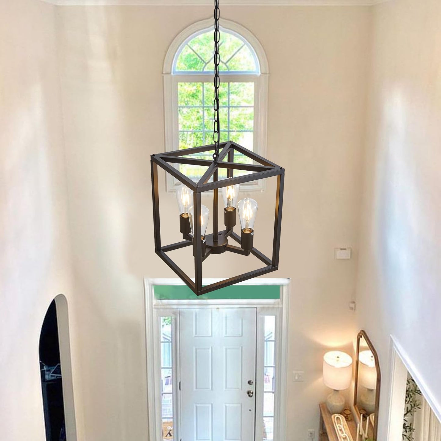 Lanhall 4-Light Farmhouse Chandelier, Adjustable Height, Metal Cage, Black Pendant Lighting For Kitchen, Dining Room, Living Room, Bedroom