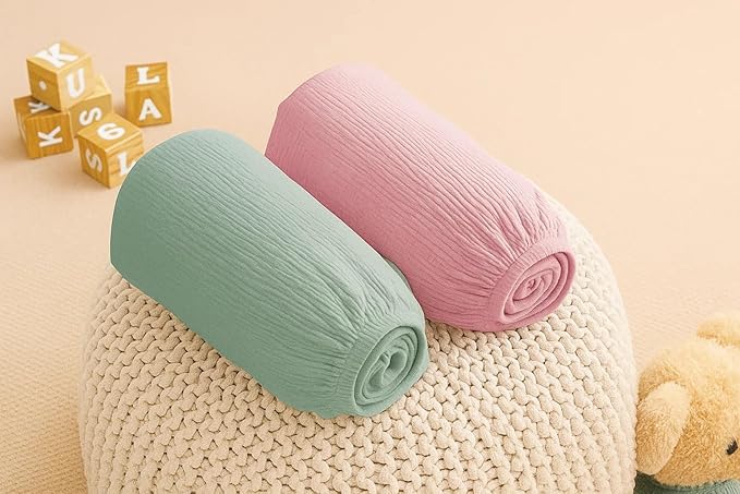 Muslin Bassinet Sheets Set of 2 Pink & Green Bassinet Cover Large Size 33x17 Inches, Soft Breathable Bassinet Mattress Cover, Stay Secure Fit, Gentle on Sensitive Skin, Cute & Vibrant Look