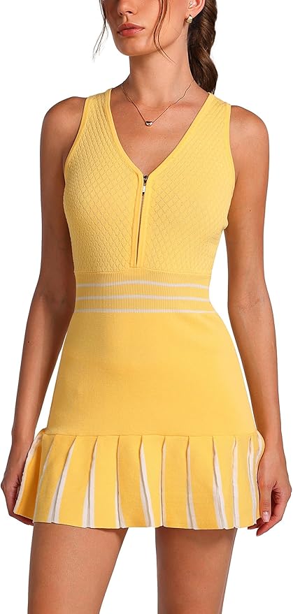 ABOCIW Womens Half Zip Knit Tennis Dress Colorblock Pleated Athletic Dress Sleeveless Workout Golf Dresses with Shorts