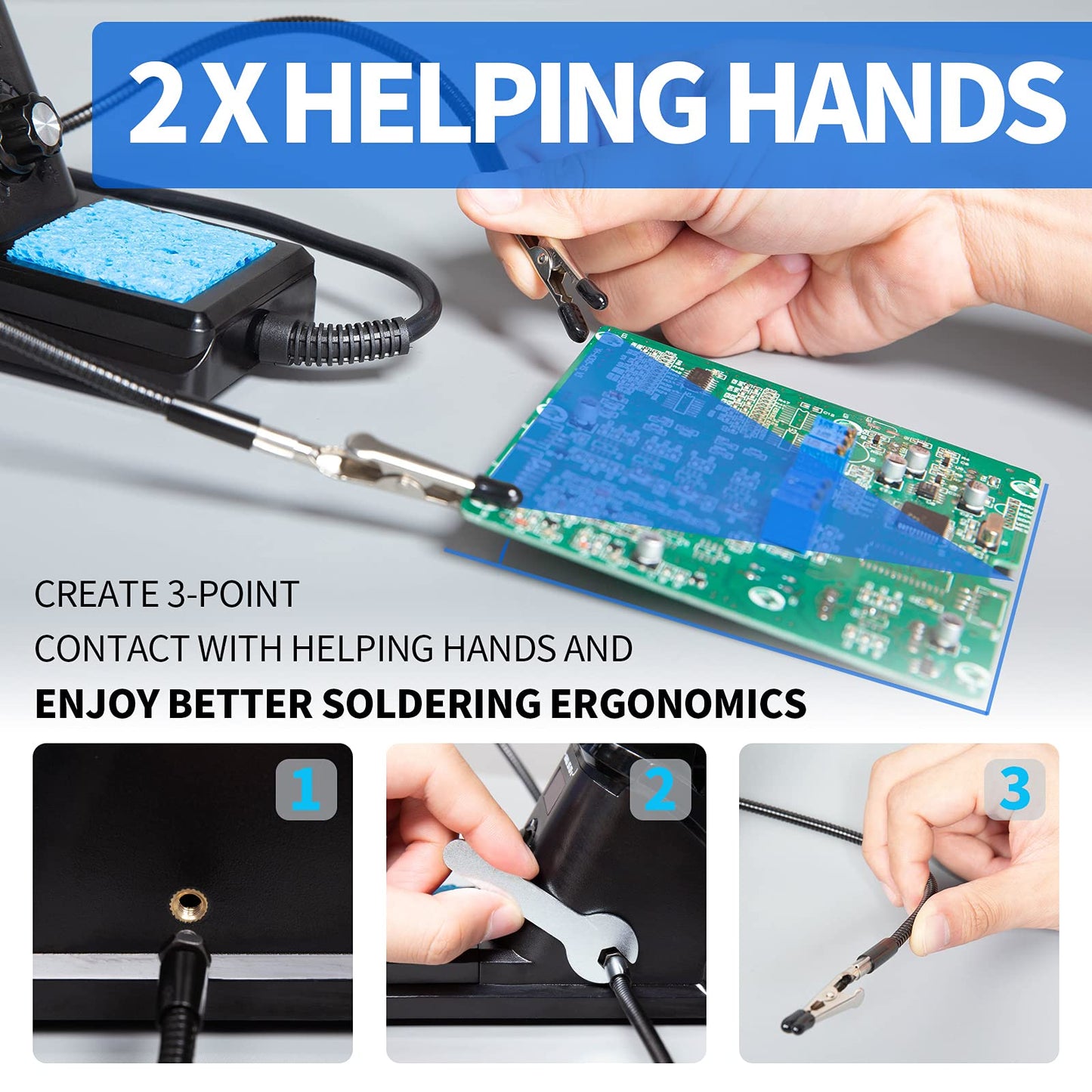 YIHUA 926 III 60W Digital Display Soldering Iron Station Kit w 2 Helping Hands, 6 Extra Iron Tips, Lead-Free Solder, Solder Sucker, S/S Tweezers, °C/ºF Conversion, Auto Sleep & Calibration Support