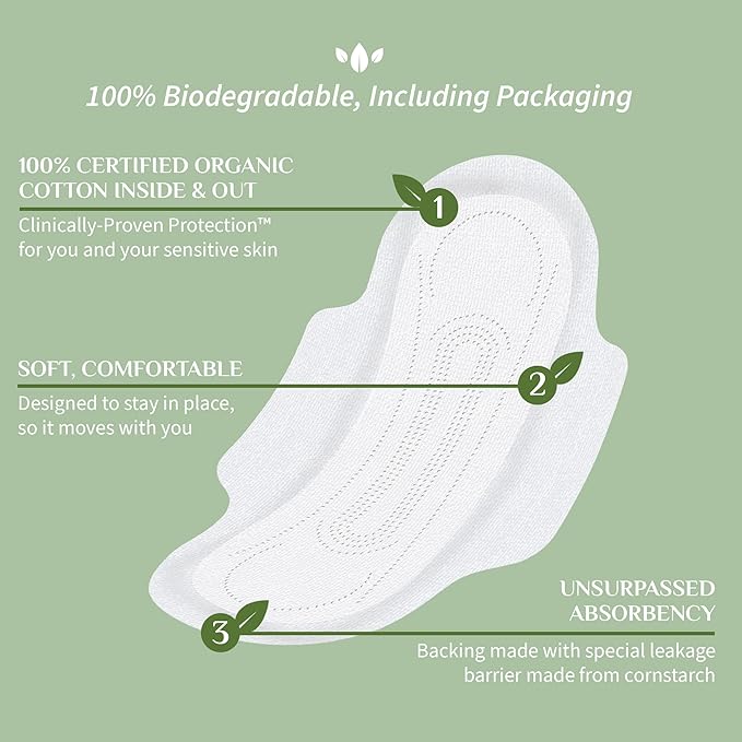 Organyc - 100% Certified Organic Cotton Feminine Pads - Sanitary Napkin with Wings for Women, Moderate Flow, Regular Absorbency, 60 Count (6 Pack of 10 Count)