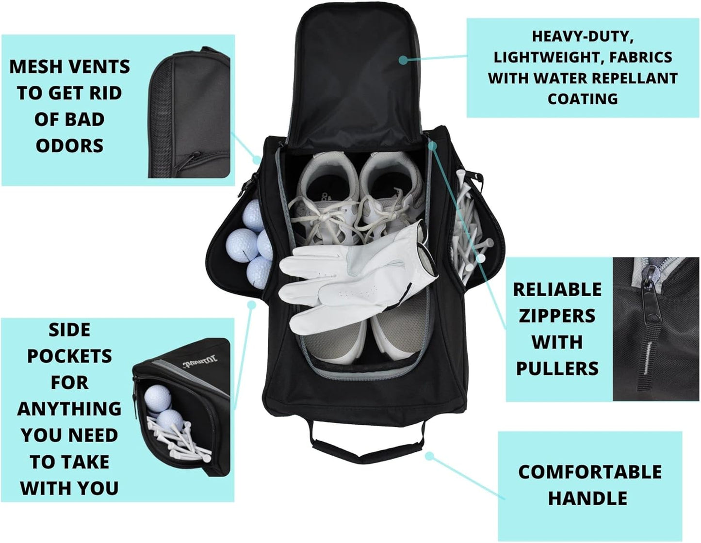 Golf Shoe Bag Men & Women | Zippered Sport & Travel Shoe Carrier Bag with Ventilation & Side Pockets for Accessories | Great Gift for Golfers (Black)