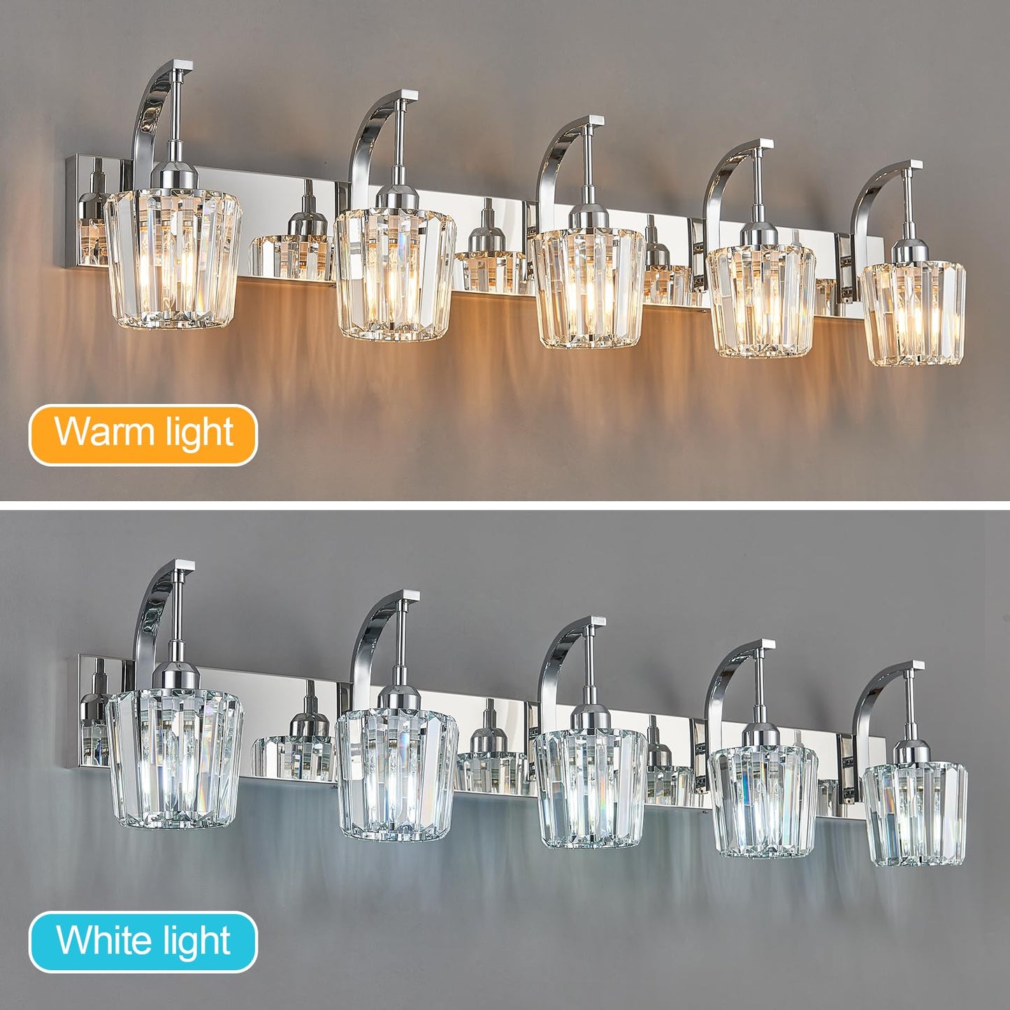 Fdpby Modern Bathroom Vanity Light  5-Light Chrome Wall Sconce With Crystal Accents  Over Mirror Bathroom Lighting Fixture  42.52 Long Dimmable Vanity Lamp For Makeup  Easy Installation
