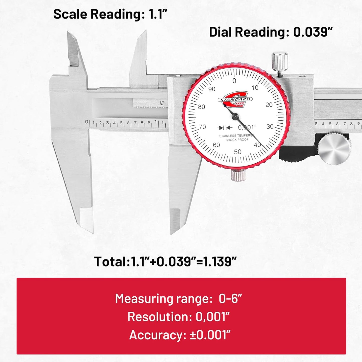 0-6" Range SAE Dial Caliper Measuring Tool, Analog Precision Micrometer Caliper ±0.001" Accuracy, Manual Mechanical Metal Stainless Steel Measuring Dial with 4-Way Measurements
