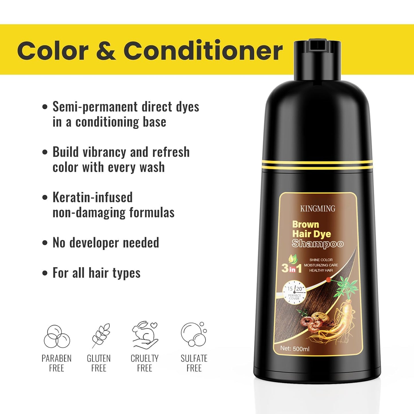 KINGMING Brown Hair Dye Shampoo 3 in 1 for Gray Hair, Hair Color Shampoo for Women Men Grey Hair Coverage, Herbal Ingredients Ch