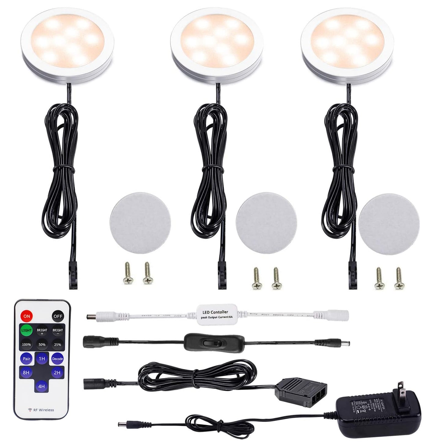 AIBOO Dimmable LED Under Cabinet Puck Lights Kit with RF Remote Control, 3 Lamps, Warm White 2700K, Model YK-300000197