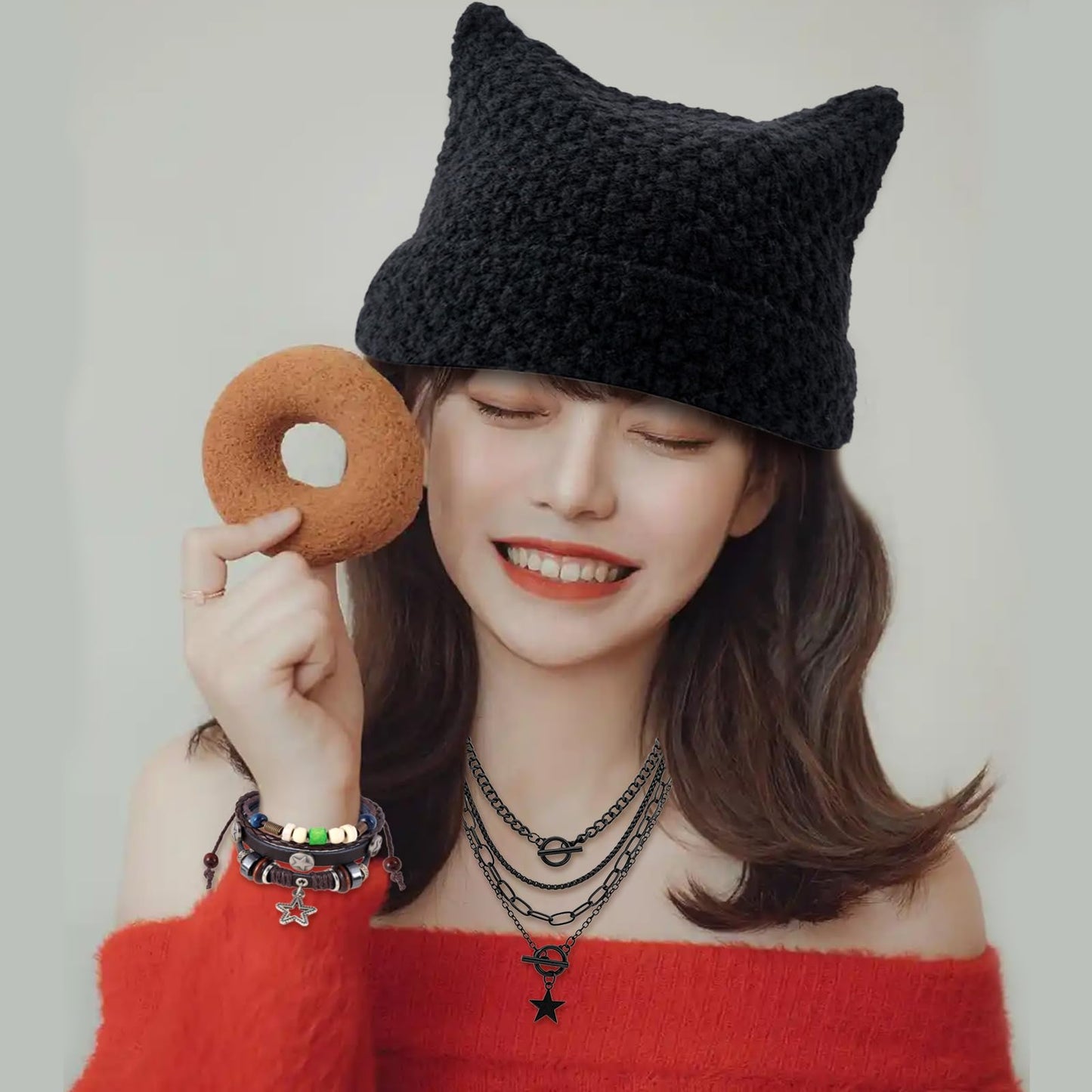 4PCS Therian Stuff Y2K Clothes,Therian Gloves,Knitted Headband Hat,Y2K Fairy Grunge Bracelet,Grunge Necklace,Therian Accessories Christmas Cosplay Party Jewelry Gift for Women