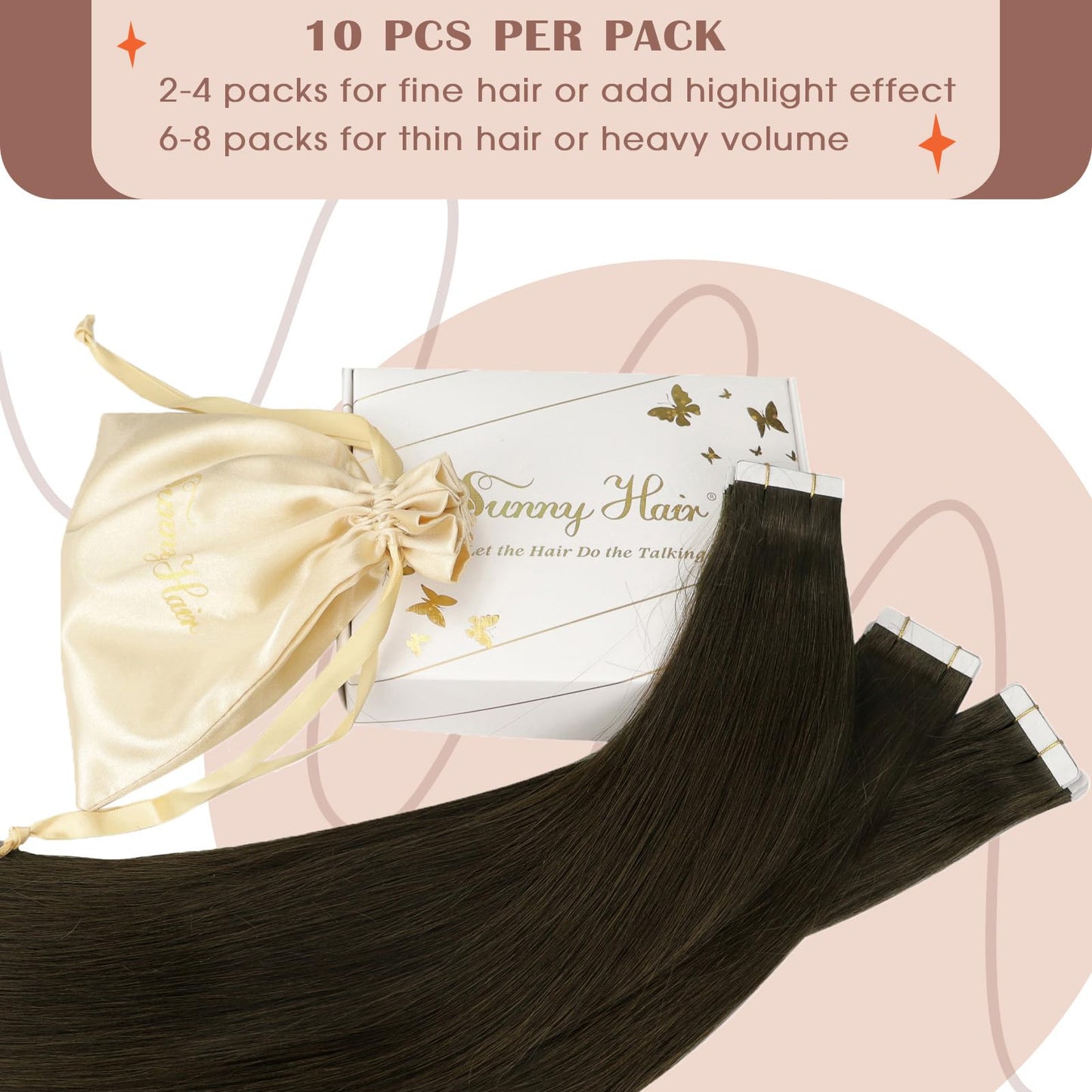 Sunny Hair Tape in Hair Extensions Real Human Hair Invisible Remy Hair Extensions Tape ins for Women Dark Brown 24 inch 25G