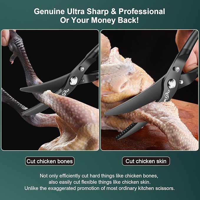 Kitchen Shears Heavy Duty, Premium Kitchen Scissors Stainless Steel, 8.8" Poultry Shears Ultra Sharp for Bone Chicken Meat, Food Scissors Anti-Slip Handle, Black Titanium Plated, Spring Loaded