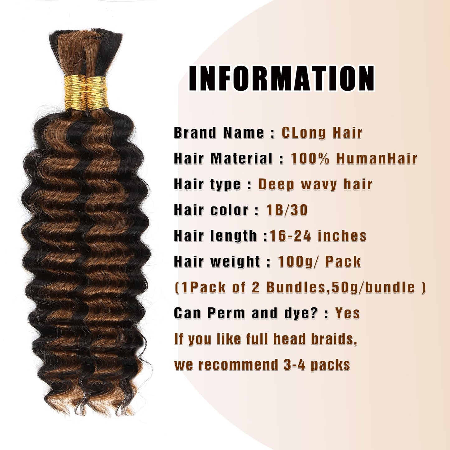 1B/30 Highlight Bronze Human Braiding Hair Deep Wave Bulk,Black and Gold No Weft Curly Braiding Hair Extensions for Boho Braids
