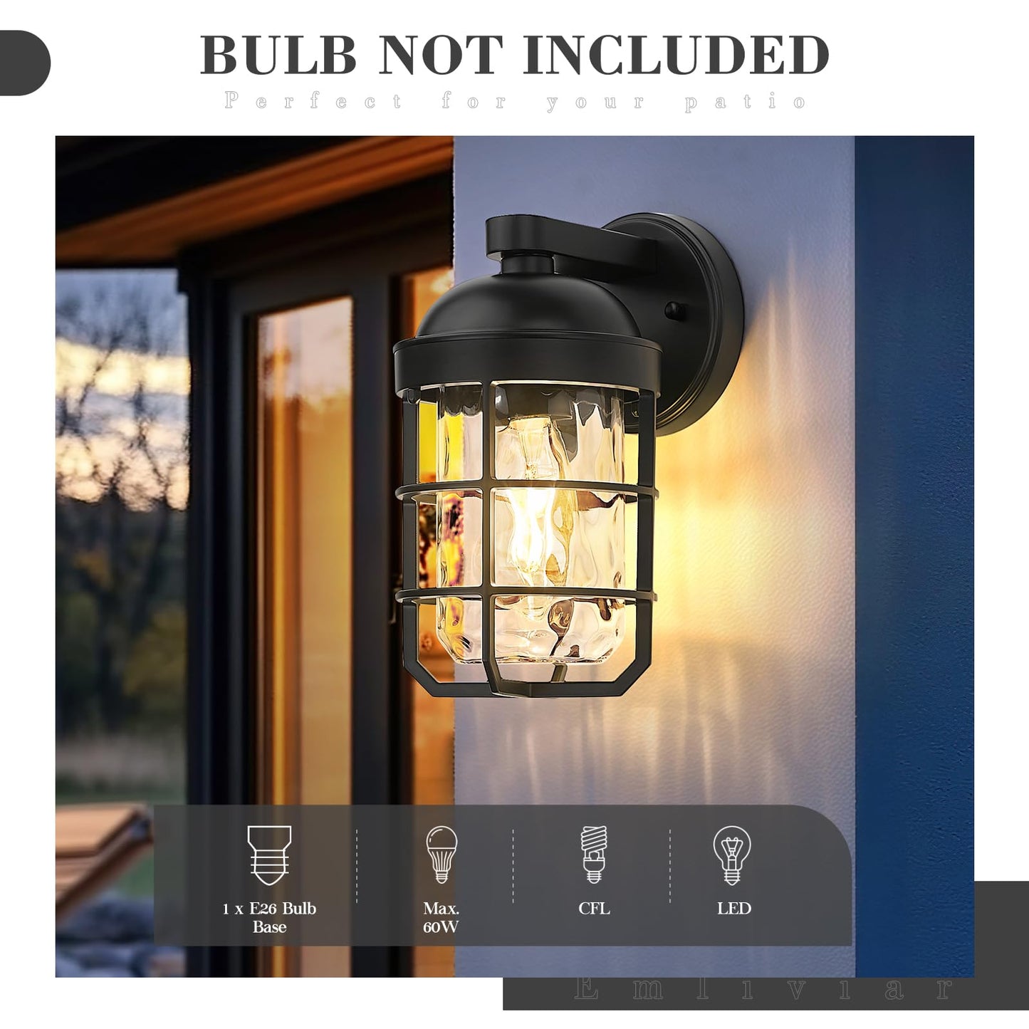 Emliviar 1-Light Porch Wall Lantern With Metal Cage  Outdoor Sconce Wall Mounted Lighting With Water Ripple Glass  Matte Black Finish  Ge255Bl Bk-Wg