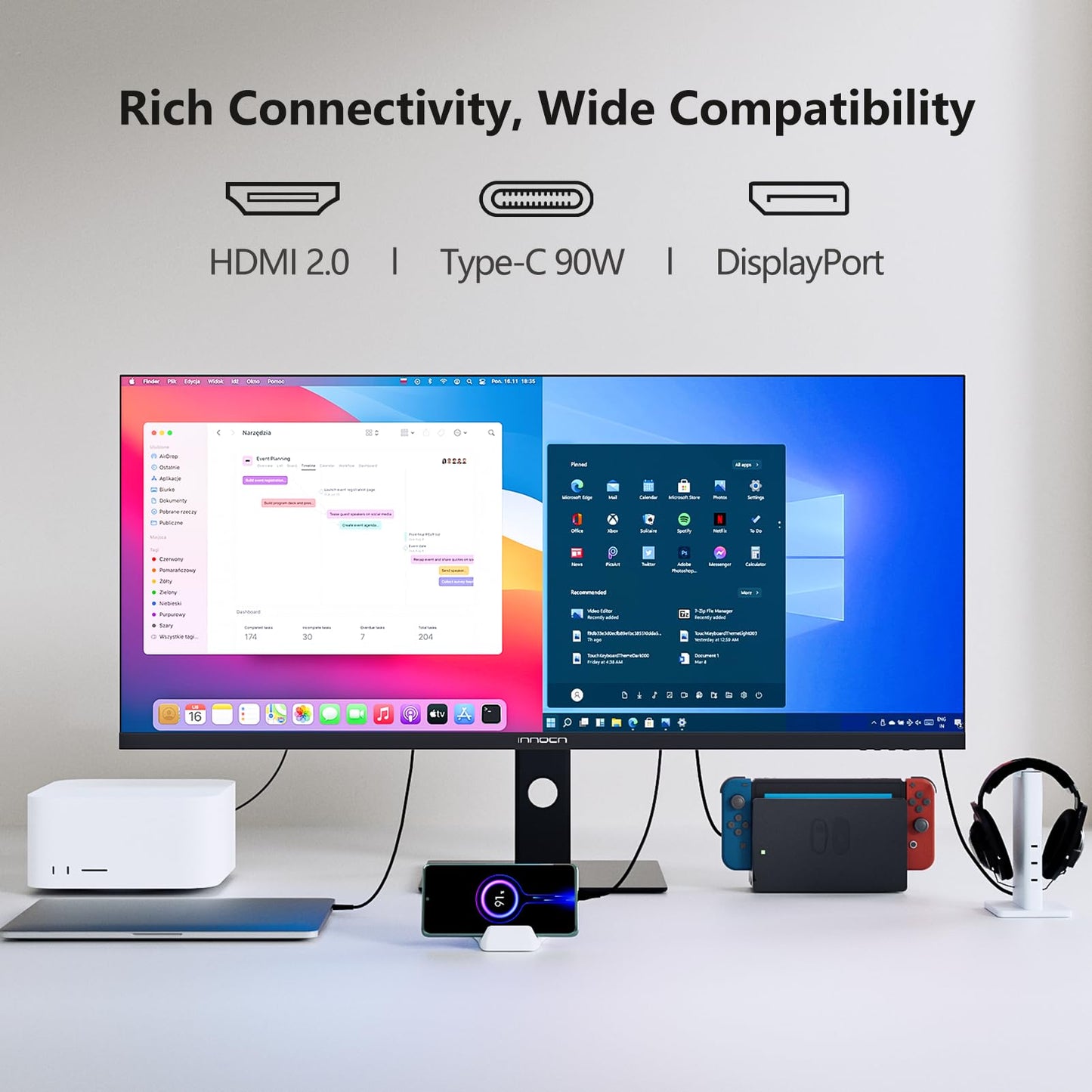 INNOCN 40 Inch Ultrawide Monitor 3440 x 1440p 144Hz PC Desktop Gaming Display, USB Type C 90W, HDMI, DisplayPort, HDR400, Built-in Speaker, Tilt/Height Adjustable - Black