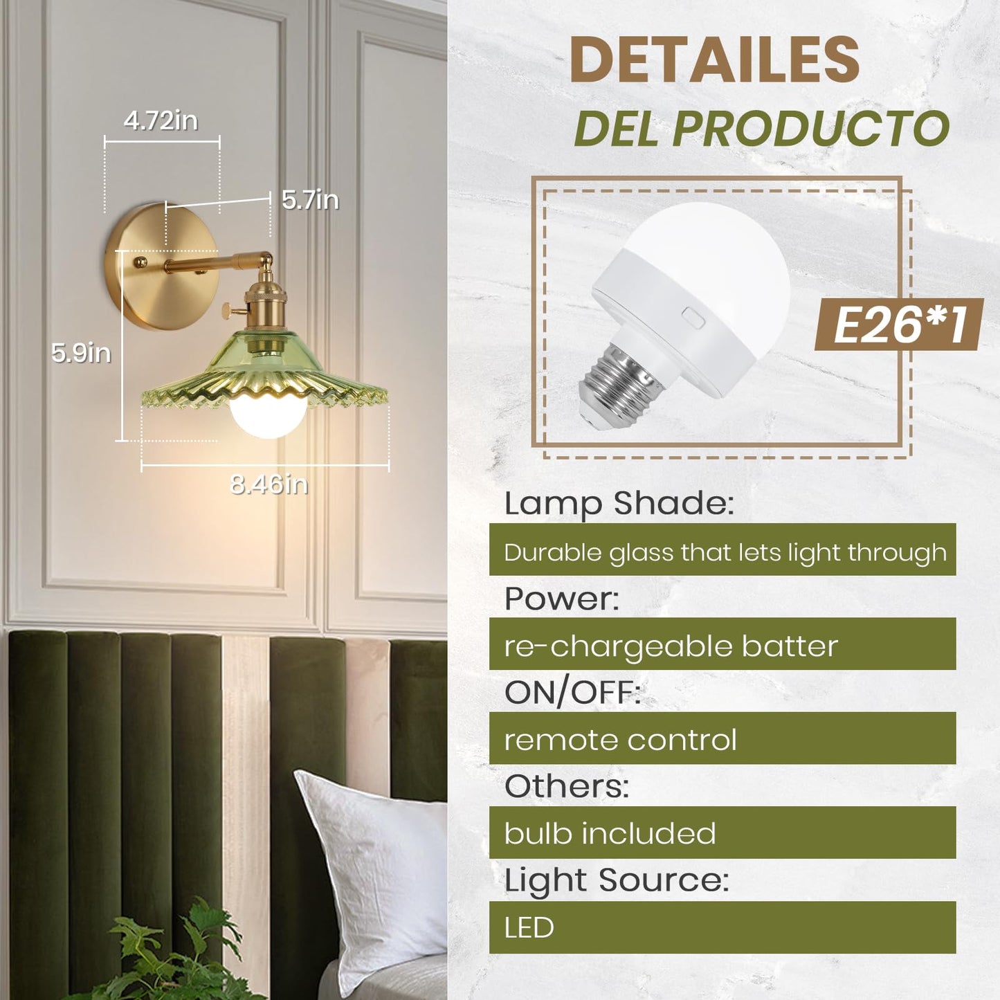 EIDEARAY Battery Operated Wall Sconce - Vintage Green Flower Glass - Remote Control - Ideal for Bedroom, Living Room, Hallway