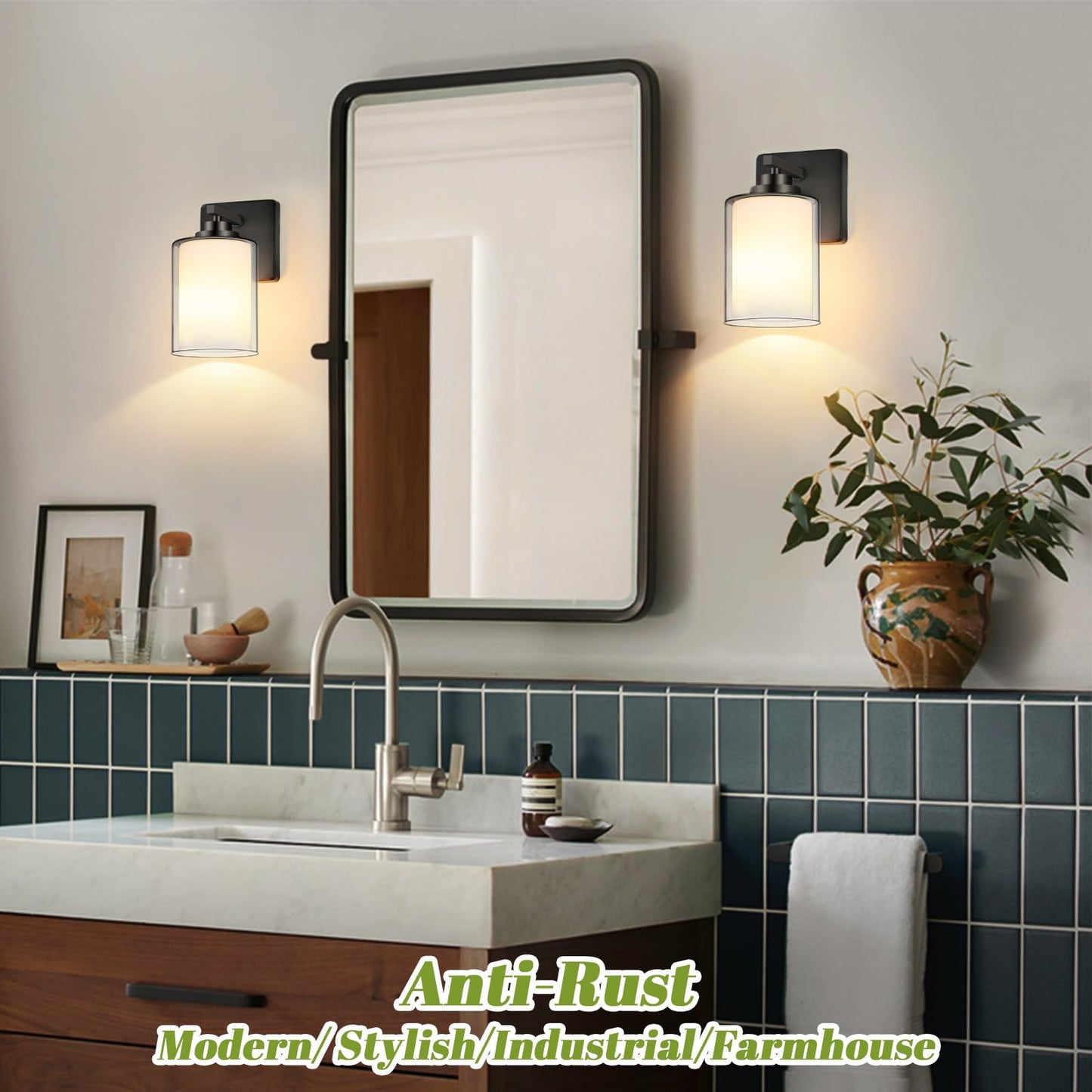 VerRon Set of 2 Wall Sconces, Modern Matte Black Lighting Lanterns, 2-Light, Glass Shade for Bathroom, Bedroom, Hallway