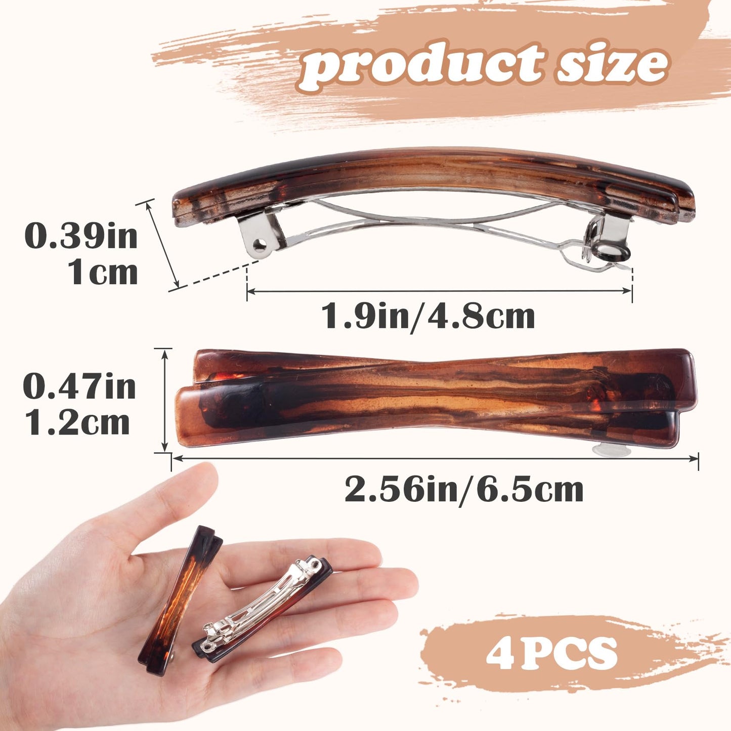 STSTR 4PCS French Barrette Hair Clips for Women, 2.56 Inch Small Tortoise Shell Hair Clip, Curved Glossy Thin Hair Flat Hair Acc