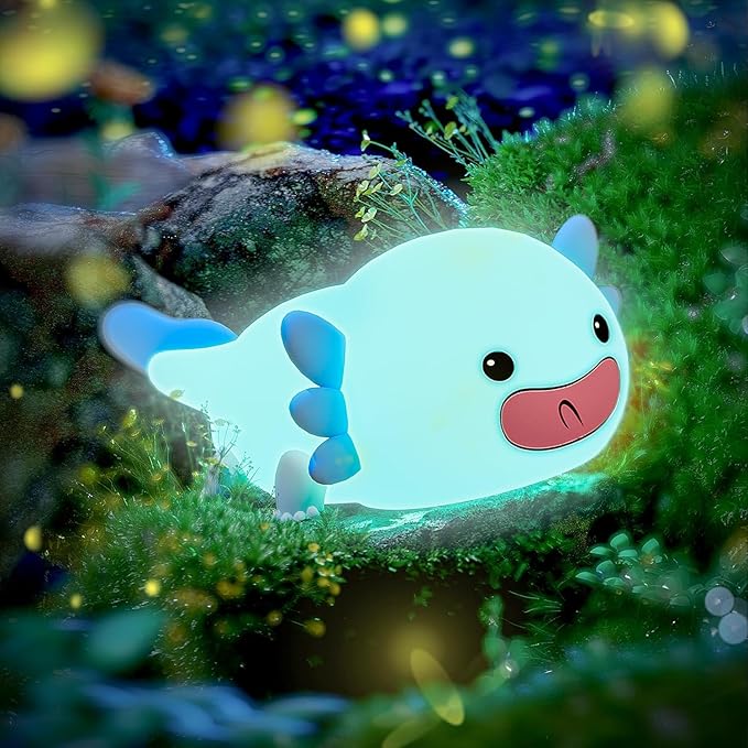 UNEEDE Blue Axolotl Night Light for Kids, Animal Silicone Nursery Night Lamp, Rechargeable Table Lamp, Cute Room Decor Night Light for Bedroom, Living Room, Dining, Desk Decorations, Gift