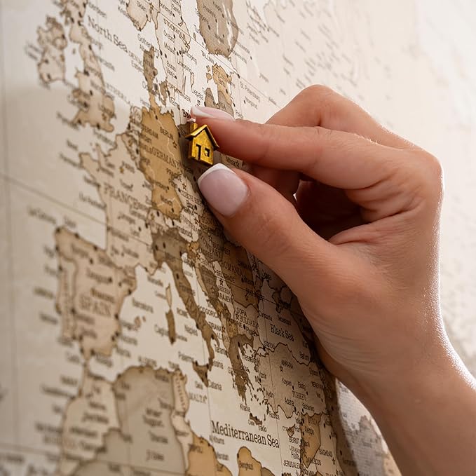Canvas World Map with Cork Pin Board - English Lettering - Decorative Wall Decoration for All Rooms - Canvas Pictures with World Map Motif (70x50 cm, Pattern 8)