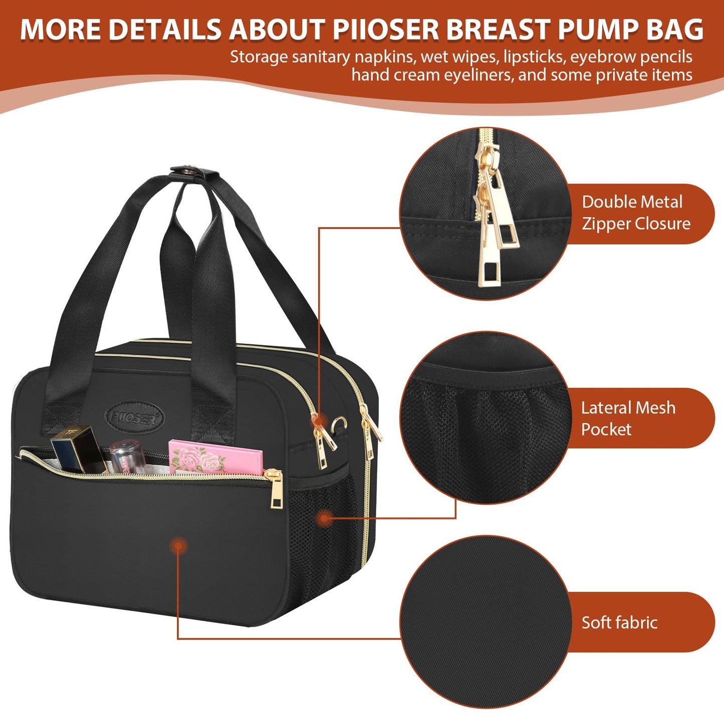 PIIOSER Breastmilk Cooler Bag with Ice Pack, Fits 6 Baby Bottles Up to 9 Ounce, Insulated Bottle Travel Bags with Shoulder Strap-Wearable Breast Pump Carrying Case for Nursing & Working Moms, Black