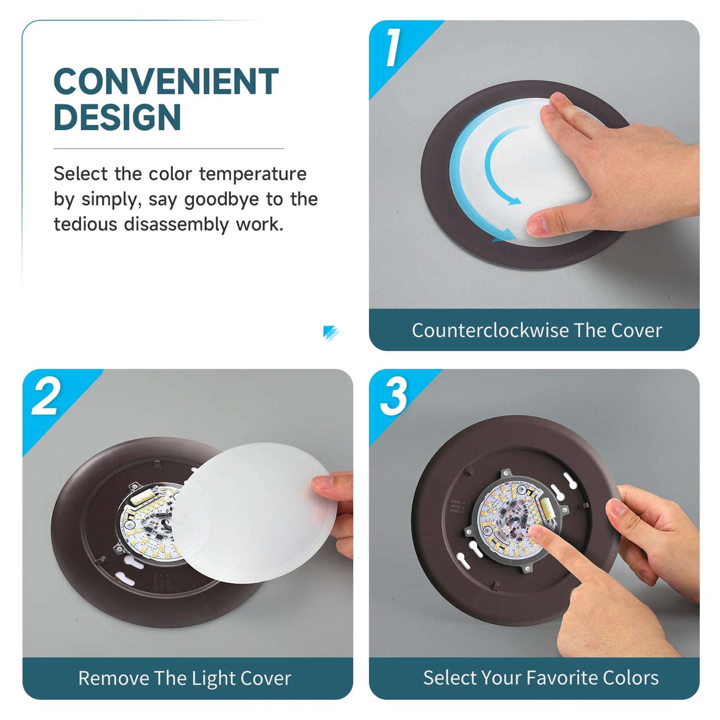 ECOELER Dimmable LED Disk Lights, 16.5W 1100lm, 3CCT Selectable, Low Profile Flush Mount, Model CDR616D, 1