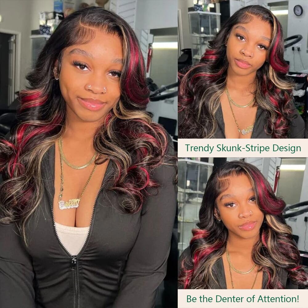 Aolvoblees Skunk Stripe Human Hair Wig Ombre 250% Density 13X4 Body Wave 1B/27/99J Highlights Burgundy HD Lace Front Frontal Glu
