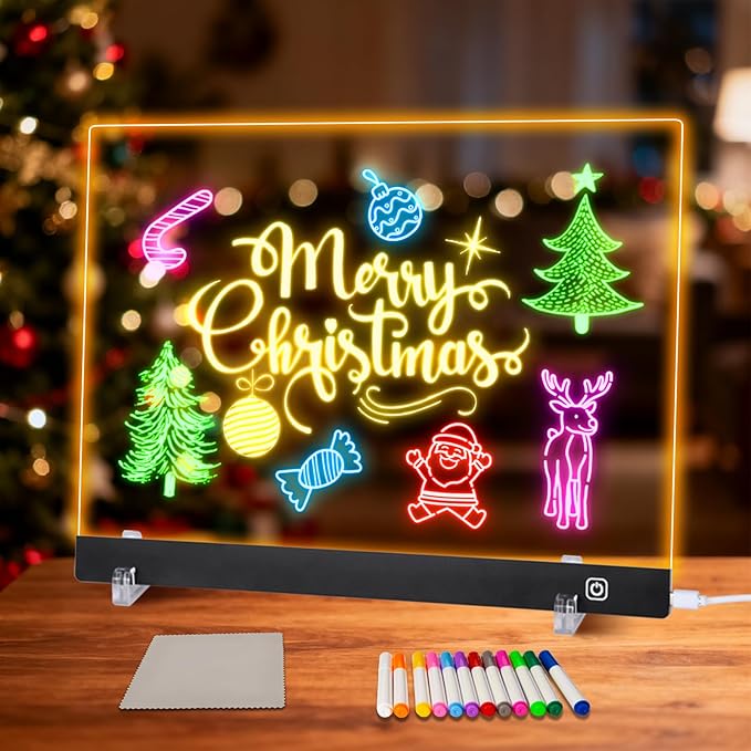 LED Note Board with Colors, Led Drawing Board for Kids, Light Up Acrylic Dry Erase Boards with Stand, Christmas & Birthday Gifts for Girls/Teens (Black, 13.8" x 9.8")